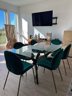 Glass Dining Table + 6 Emerald Green Chairs