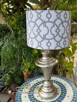 VINTAGE Nickel W/Gray Shade Table Lamp