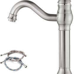 Vessel Sink Faucet 360° Swivel Spout Single Handle Tall Bathroom Faucet 1 Hole Farmhouse Lavatory Washbasin Mixer Tap Matching Supply Hoses, with Pop 