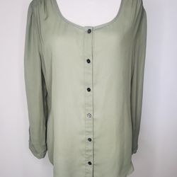 Land's End Green Button Blouse Size 10  Round Neck Smock Shoulder 3/4 sleeve