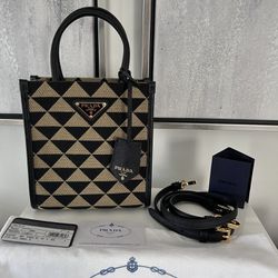 Prada Symbole Mini Tote Beige/Black Embroidered Jacquard Crossbody Bag NEW