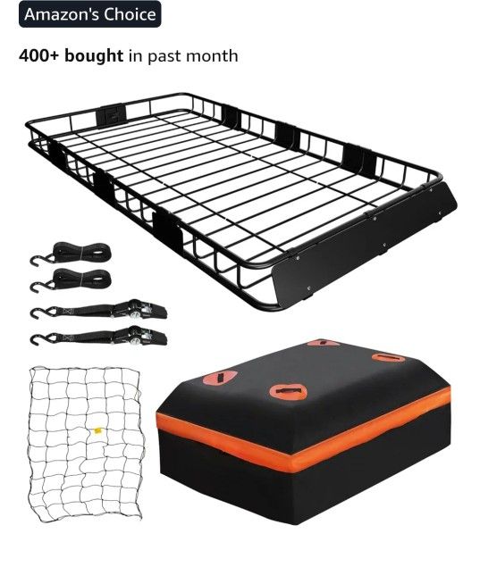 WEIZE 49" x 39" x 5" 200lb Heavy Duty Roof Rack Carrier Basket with Waterproof Bag, Cargo Net and Ratchet Straps, Universal Car Top Luggage Holder for