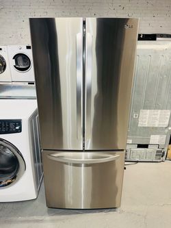 LG stainless steel refrigerator (30" x 67" x 28"); includes a receipt for a 90-day warranty.