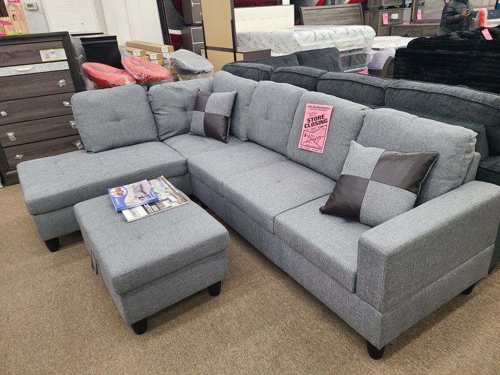 Brand New Special Gray Color Sectional With Storage Ottoman And Pillows