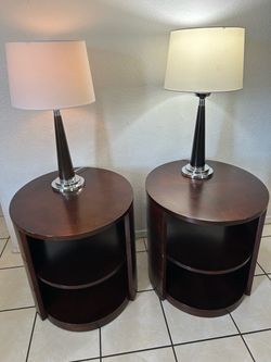 Pair of Round Wood End Tables with Lamps