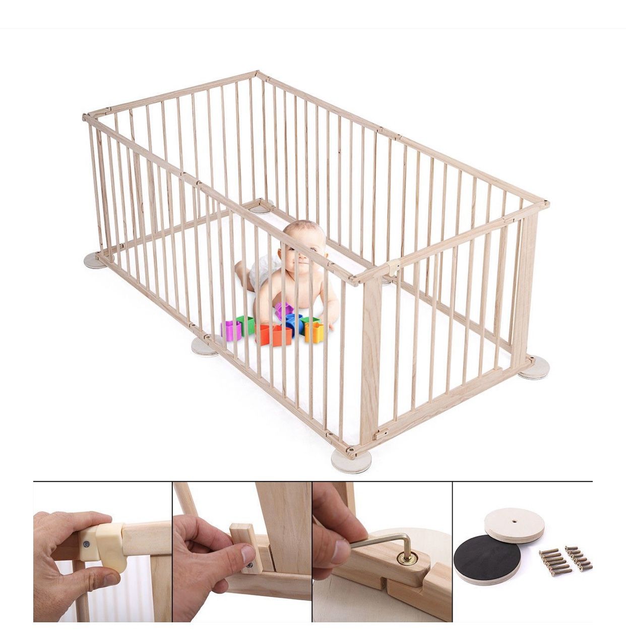 Wood Baby Playpen Kids 6 Panel Safety Play Center Yard Home Indoor Outdoor Game