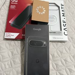Brand New, Unlocked Pixel 9 Pro XL 256 GB phone bundle, with ZAGG Screen Protector, Case Mate case, and Popsocket