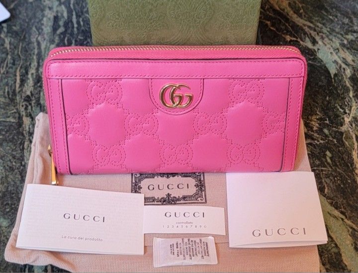 NEW AUTHENTIC GUCCI OPHIDIA PINK MONOGRAM LEATHER ZIP AROUND LARGE WALLET GOLD GG