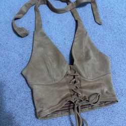 New Small Brown Suede Boho Hippie Halter Festival Renaissance Pirate Peasant Top Blouse Crop Shirt Outfit Costume 