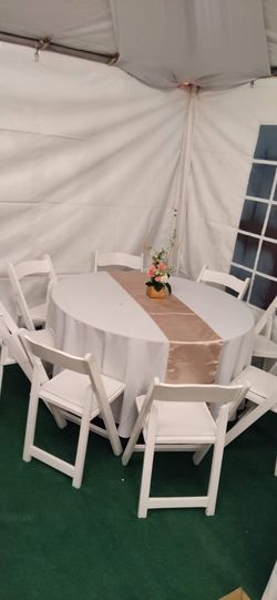 Carpa blanca 20x40 mesas sillas manteles decoraciones