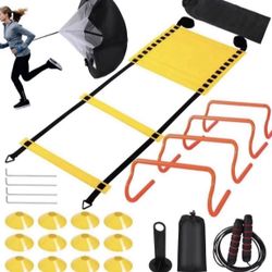 Agility Ladder Speed Training Equipment Set-20ft Agility Ladder,12 Soccer Cones,4 Hurdles, Jump Rope, Running Parachute| Basketball Football Soccer Tr