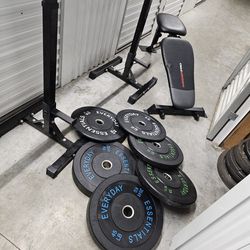 Bumper Plates With Barbell/Bench And Rack 