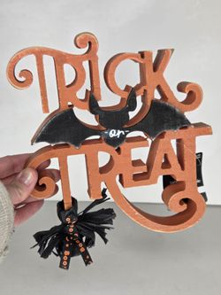 Ashland Halloween Trick or Treat Tabletop Sign Wood Bat Spider Decor Orange