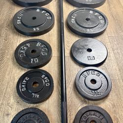 BRAND NEW:  6 ft Standard Bar With VINTAGE Cast Iron Weight Plates: 50s,25s, 10s, 7.5s  And 5s. (Total: 215 lbs)  