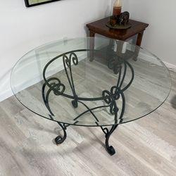 Vintage Round Glass Dining Table – Wrought Iron Base