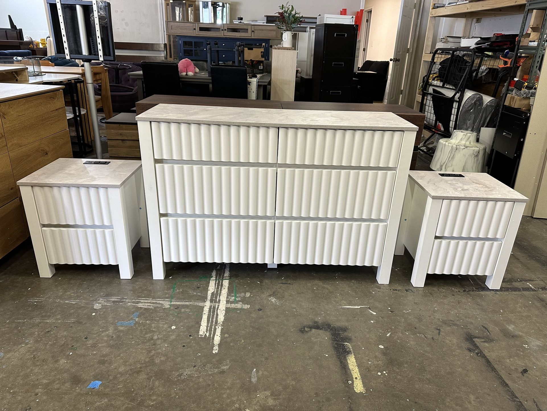 3pcs White Modern Dresser for Bedroom with 6 Drawers, 2 Set Farmhouse End Table with Charging Station, White Wood Sofa Table, BedsideTable with USB Po