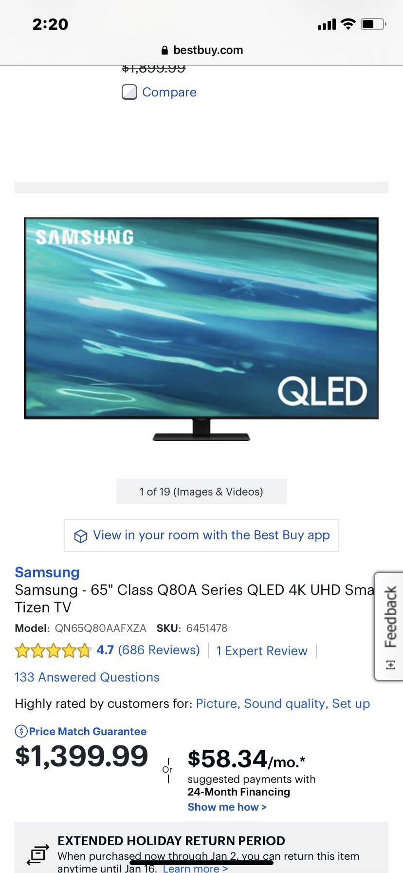 Brand New Samsung Q80A 65” TV 4K Smart TV