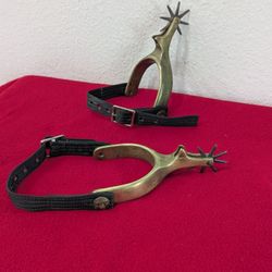 A Pair of Vintage / Antique Solid Brass Spurs with Rowels and Adjustable Straps Western Cowboy
