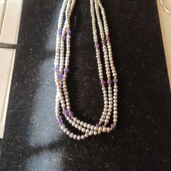 Sterling Silver Necklace with Pearls,Amethyst Stone and Sterling Silver Beads 