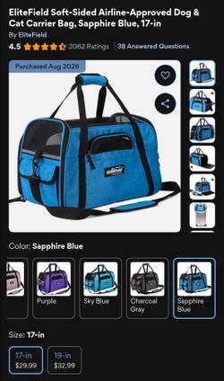 Soft-Sided Airline-Approved Dog/Cat Carrier Bag, Blue, 17-in