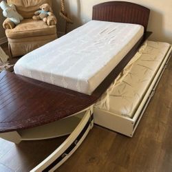 Pottery Barn Kids Speed Boat Twin Bed Frame with Trundle and 2 Like New Mattresses 