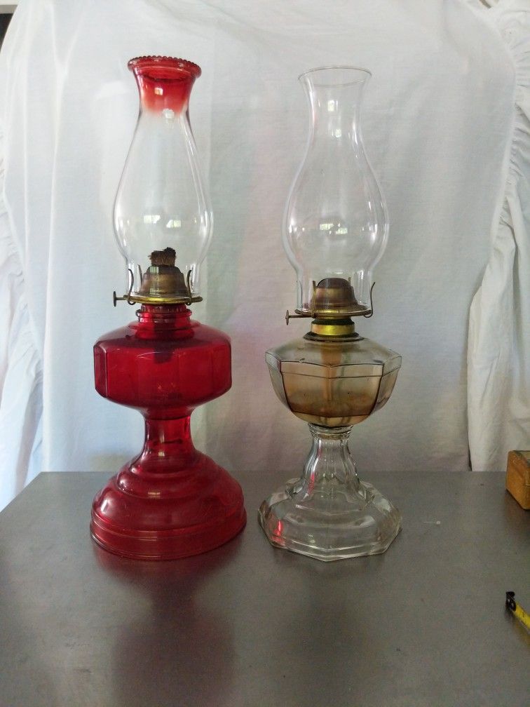 2 VINTAGE HURRICANE LAMPS, RUBY RED and CLEAR.