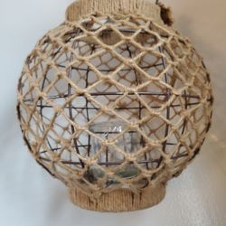 Galt International Glass Lantern Iron Frame with Jute Rope Covering Large 14" x 14"