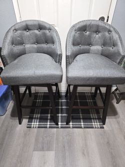 Set of 2 Gray Tufted Bar Stools w/ Backrest & Nailhead Trim – 42” Counter Height