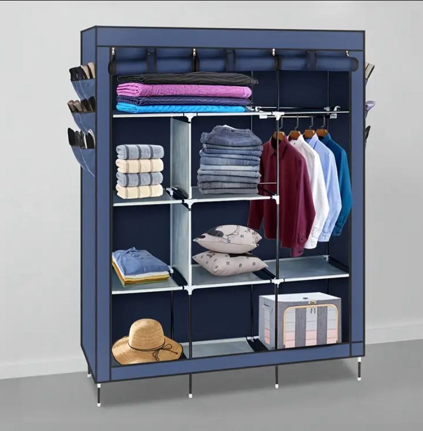 Portable Closet Storage Organizer Wardrobe Clothes Rack Shelves Navy Blue,