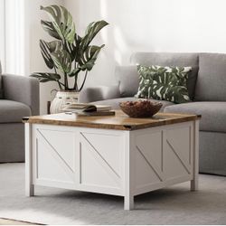Farmhouse Coffee Table, Square Wood Center Table with Large Hidden Storage Compartment