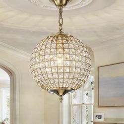 Gold Globe Crystal Chandelier, 12.6" Vintage Sphere Globe Chandelier Pendant Light Small Flush Mount