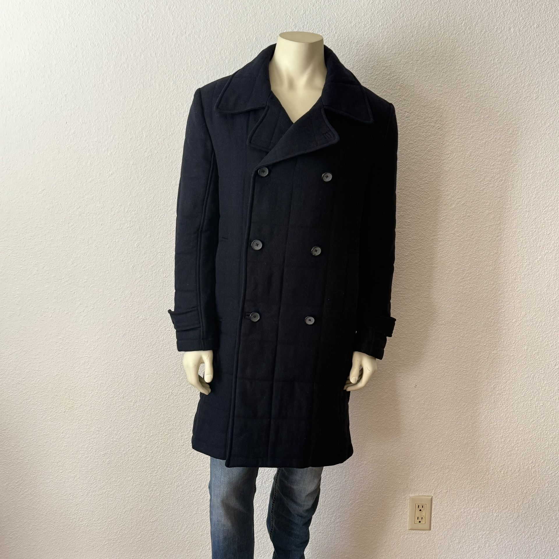 Zara Man Wool Blend Navy double breasted Notched Lapel Collar quilted Coat  Size L