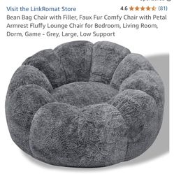 Bean Bag Chair with Filler, Faux Fur Comfy Chair with Petal Armrest Fluffy Lounge Chair for Bedroom, Living Room, Dorm, Game - Grey, Large, Low Suppor
