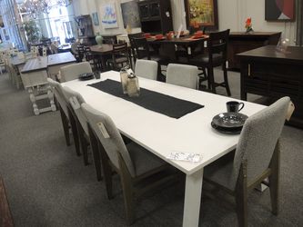 White Plank-Top Dining Table - White Top With Grey-Brown Legs