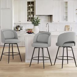 LUE BONA 26''H Swivel Bar Stools Set of 3, Counter Height Bar Stools with Backs, Lumbar Pillow and Black Metal Frames, Upholstered Morden Barstools fo