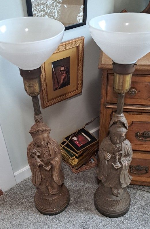 Asian Lady Lamps With White Milk Glass Shades And Brass