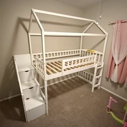 Kids Twin Loft House Bed w/ Stairs, Storage & Slide – White