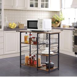 4-Tier Kitchen Baker's Rack, Coffee Bar Microwave Stand Cart with Wire Basket & 6 Side Hooks, Kitchen Organizer Shelf for Spices/Utensils Foods, Rusti