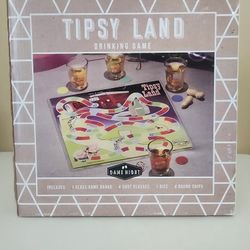 Game Night TIPSY LAND Drinking Game. Glass Board And 4 shot glasses NEW 