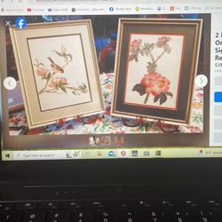 2 Lot Pair Old Asian Oriental Water Color Painting Signed Lowe Framed Glass Bird Vtg Restaurant Art