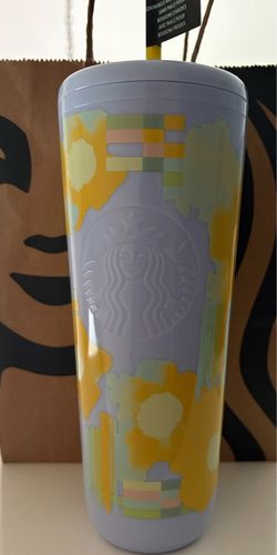 Starbucks Periwinkle Blue & Yellow Floral Pattern Cup - 24 Oz