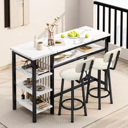 5-Tier Compact Dining Room Table, White Faux Marble Top and 2 PU Leather Upholstered Seat Black Fra
