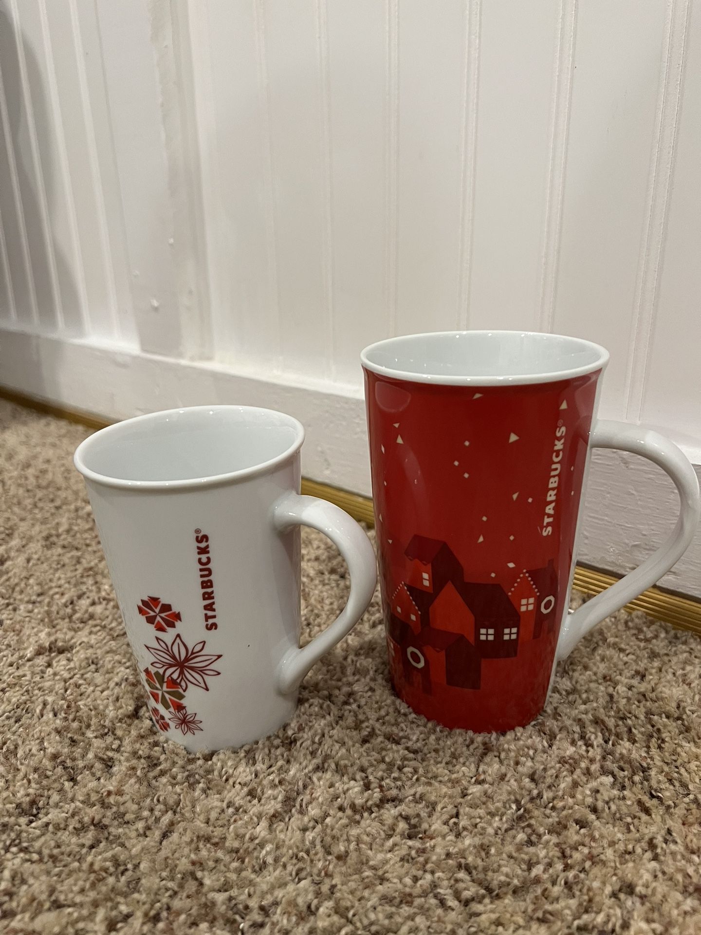 2 STARBUCKS Christmas Holiday Red Houses Coffee Cup Mug