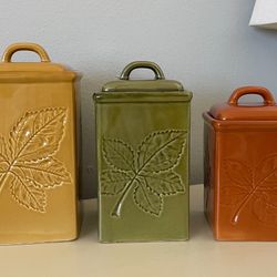 3 Vintage Lillian Vernon Leaf Leaves Canister Set Yellow Green Brown 