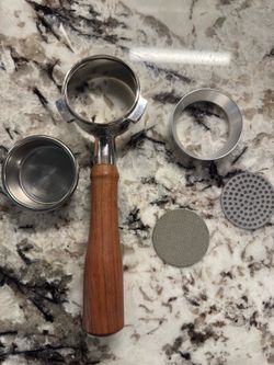Espresso Portafilter with Wood Handle , self leveling Tamp and Accessories
