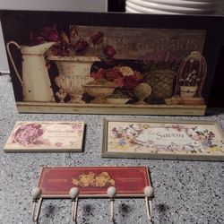 Four Piece French Theme Wall Decor. Large Canvas Measures 36 Inches Long And 17 Inches High