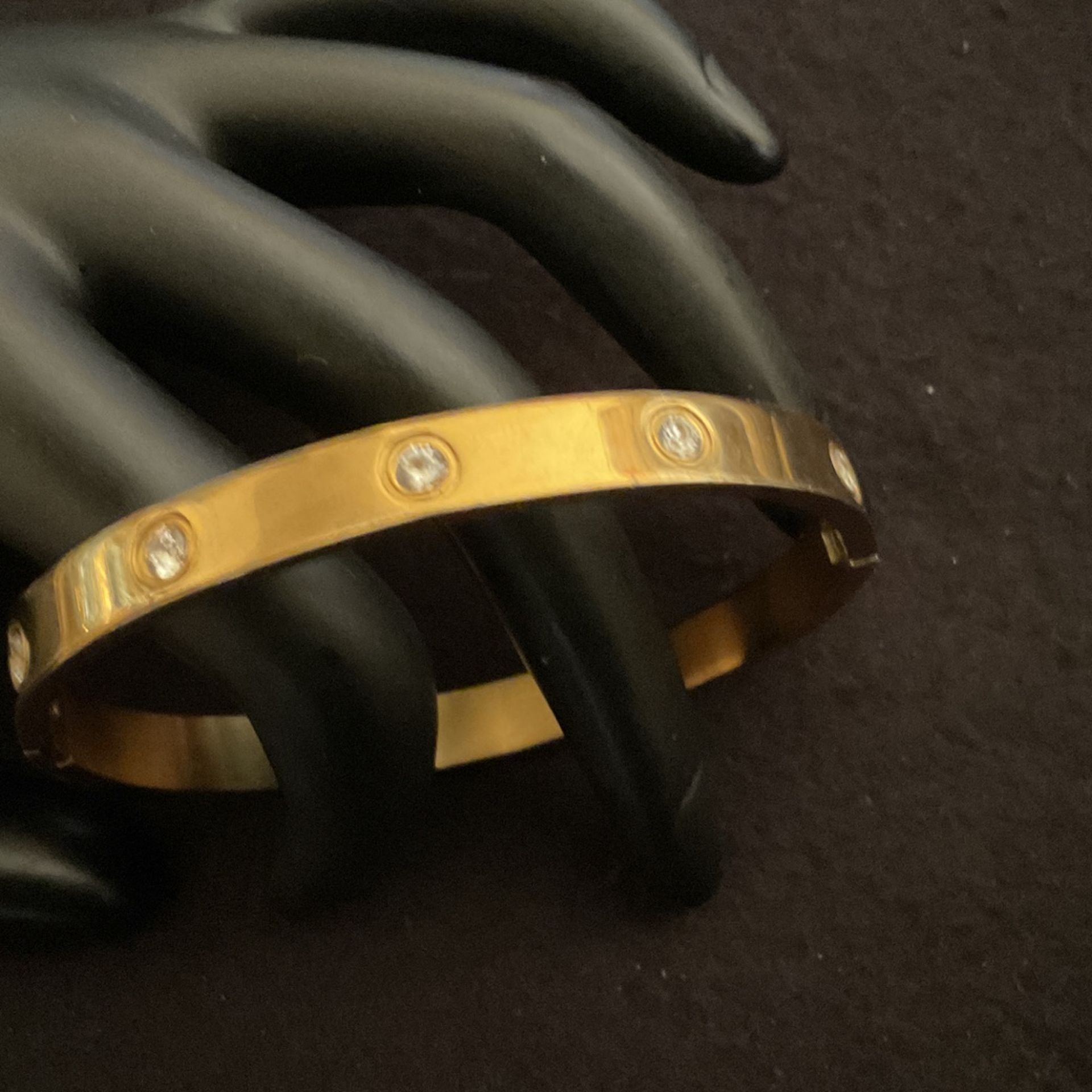 Gold Plated Solid Bangle Bracelet With Rhinestones 