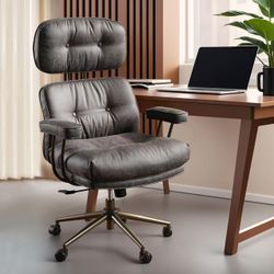 Ergonomic Home Office Chair, Mid-Century Modern Faux Leather Chairs with Thickened Cushions, Comfy High Back Swivel Rolling Executive Computer Armchai