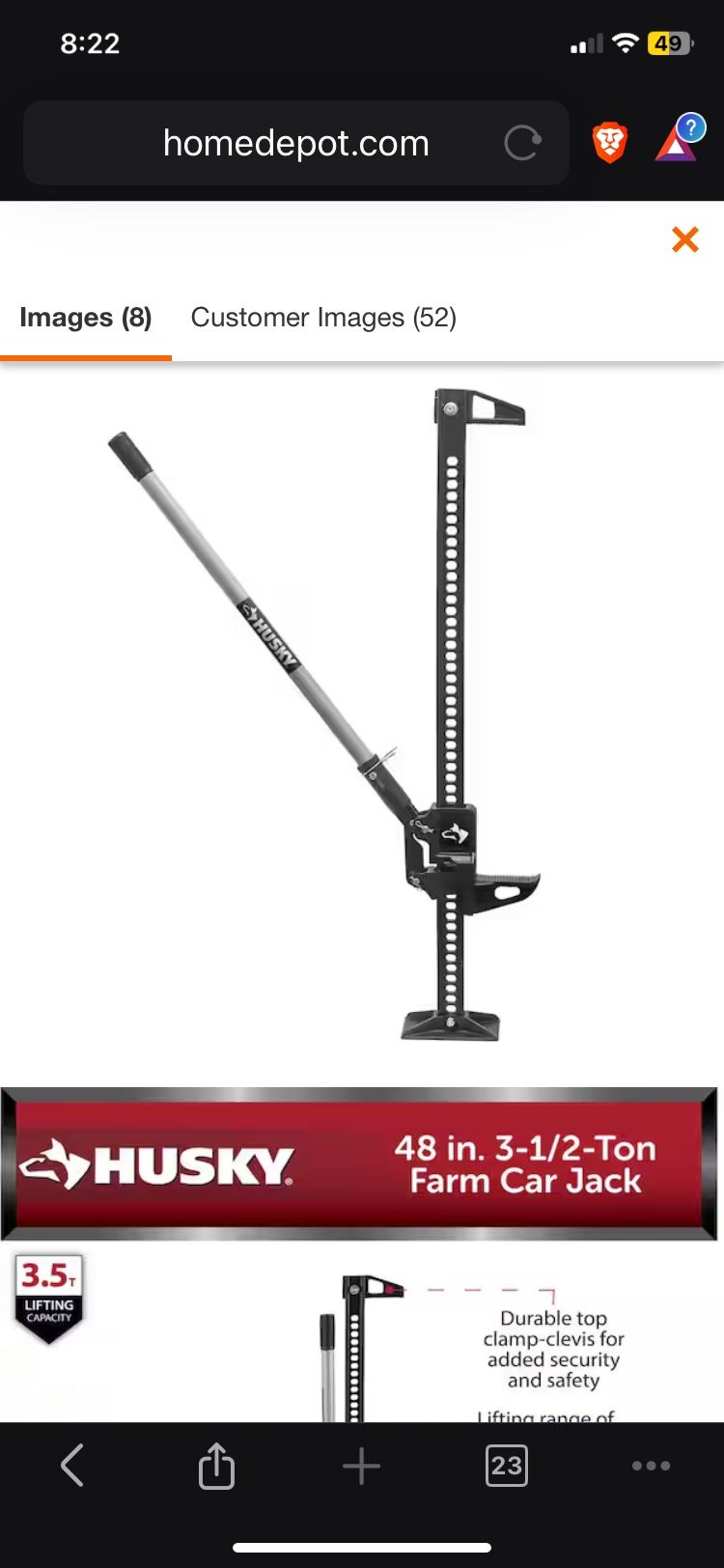 Husky 48 Inch 3.5 Ton Farm Car Jack, Lifting Capacity 7000 Lb, Steel Base