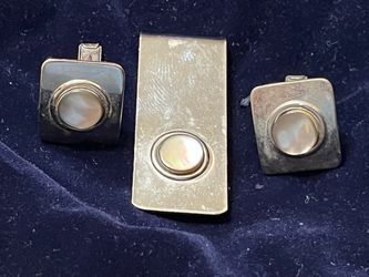 Silver Cufflinks and Money Clip Set with Mother of Pearl